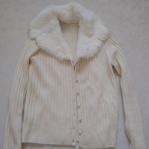 Cashmere genuine removable fur collar rib knit cardigan